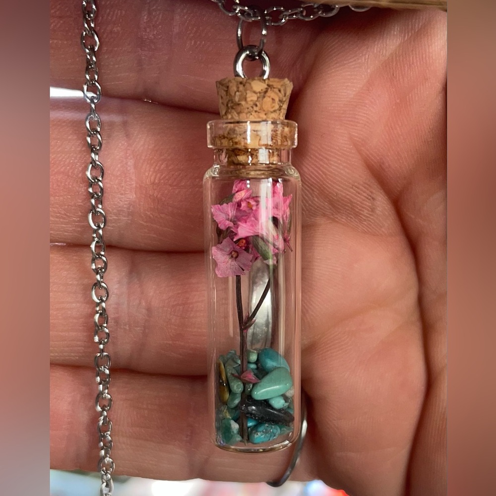 Real Colorado turquoise with pink flowers! Long chain. Beautiful jar necklace